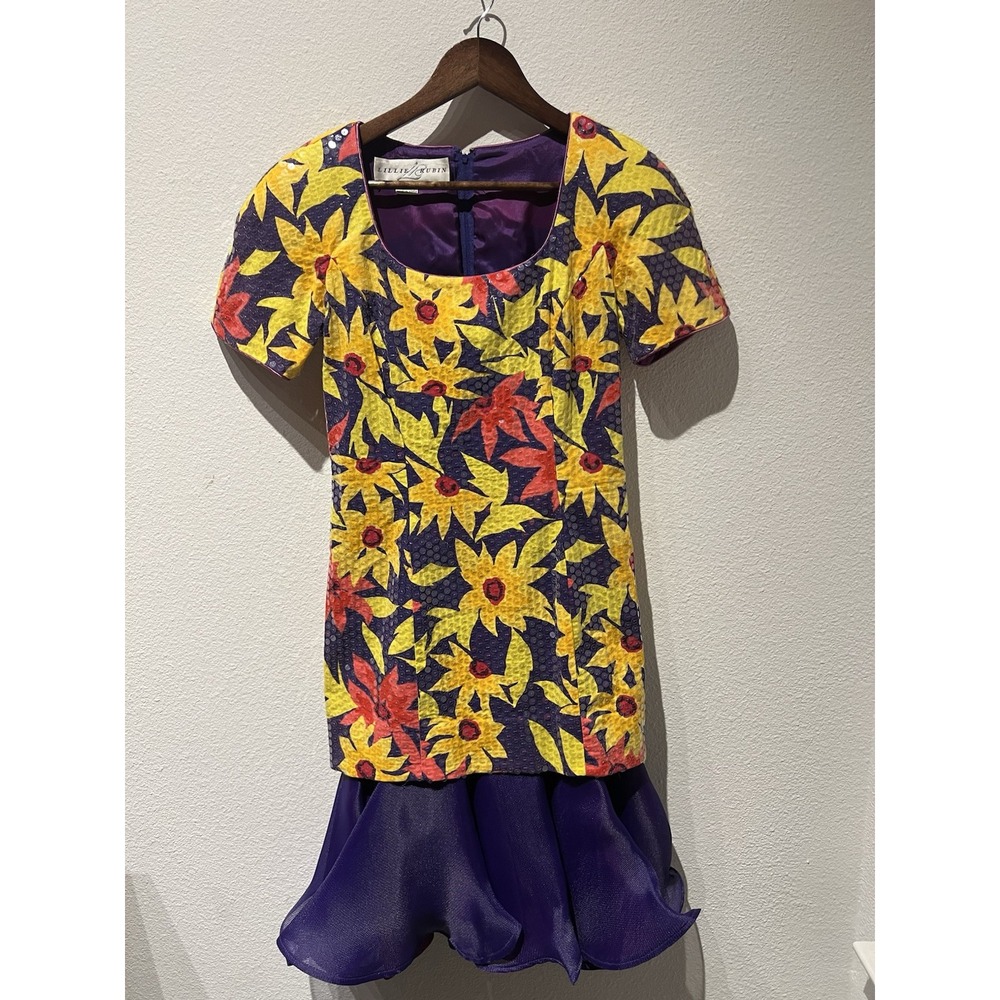 Vintage‎ Lillie Rubin Yellow Purple Floral Sequin Dress Ruffle Size 6